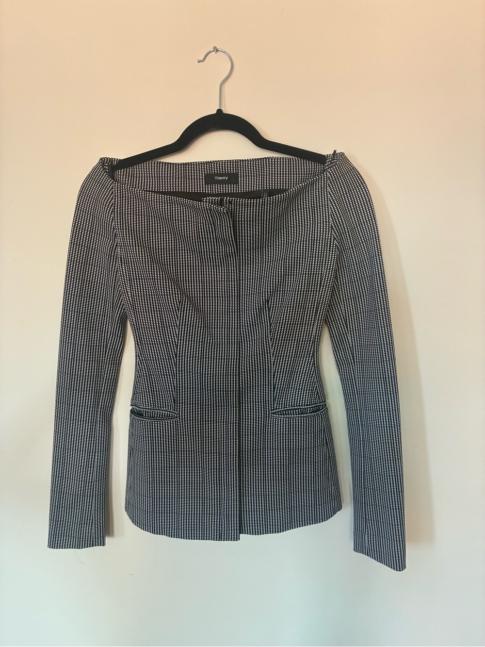 Theory Black & White Houndstooth Off-Shoulder Blazer